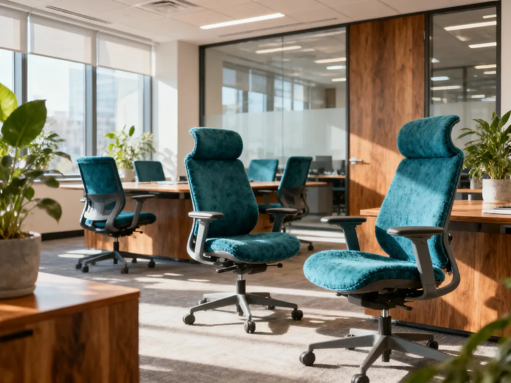 Sala de reuniões moderna com cadeiras de escritório reformadas em tecido azul petróleo