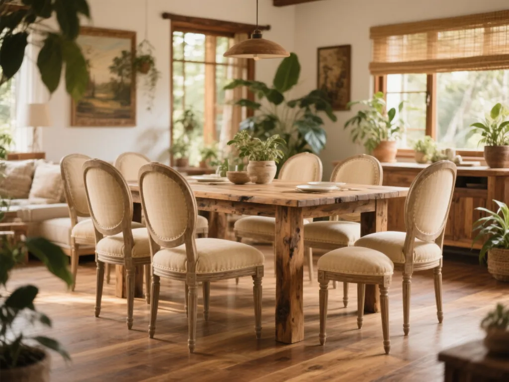 Conjunto de cadeiras de jantar com assentos estofados em tecido bege areia ao redor de mesa de madeira rústica
